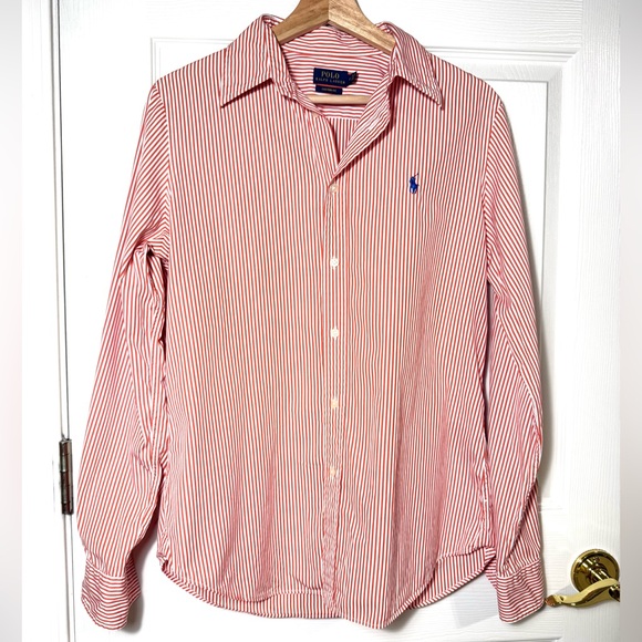 Ralph Lauren Tops - Ralph Lauren Women’s Orange and White Striped Button Down Shirt Blue Pony Size10